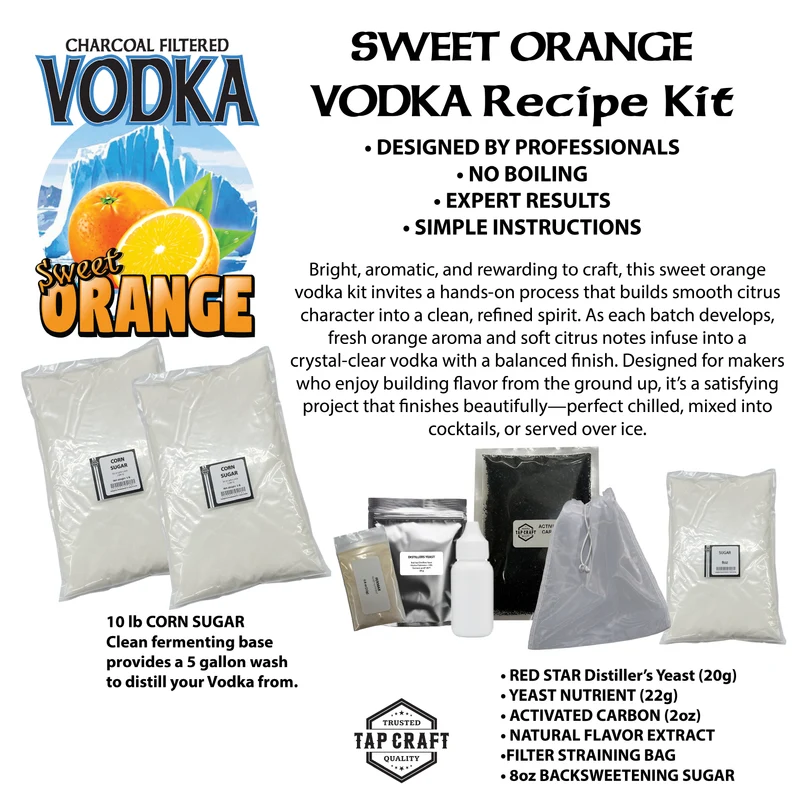 Sweet Orange Vodka Recipe Mash Kit – DIY Flavored Vodka Kit - Carbon Filtering