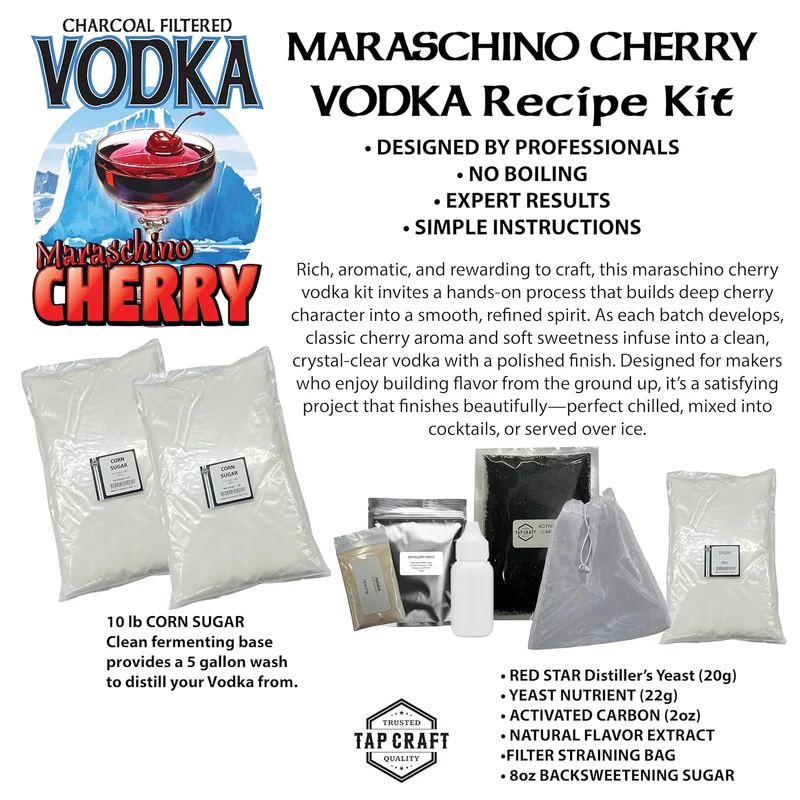Maraschino Cherry Vodka Fermentation Recipe Mash Kit – DIY Flavored Vodka Kit - Carbon Filtering