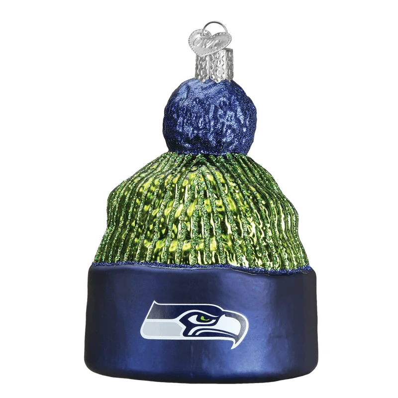 Seattle Seahawks Hand Blown Glass Beanie Ornament