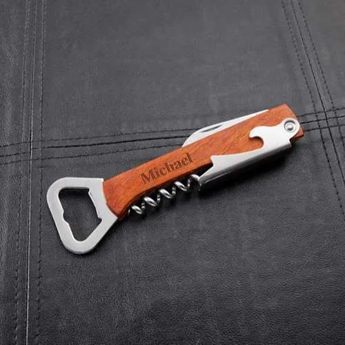 Wood Handled Wine & Bottle Opener Multi-tool - Personalized