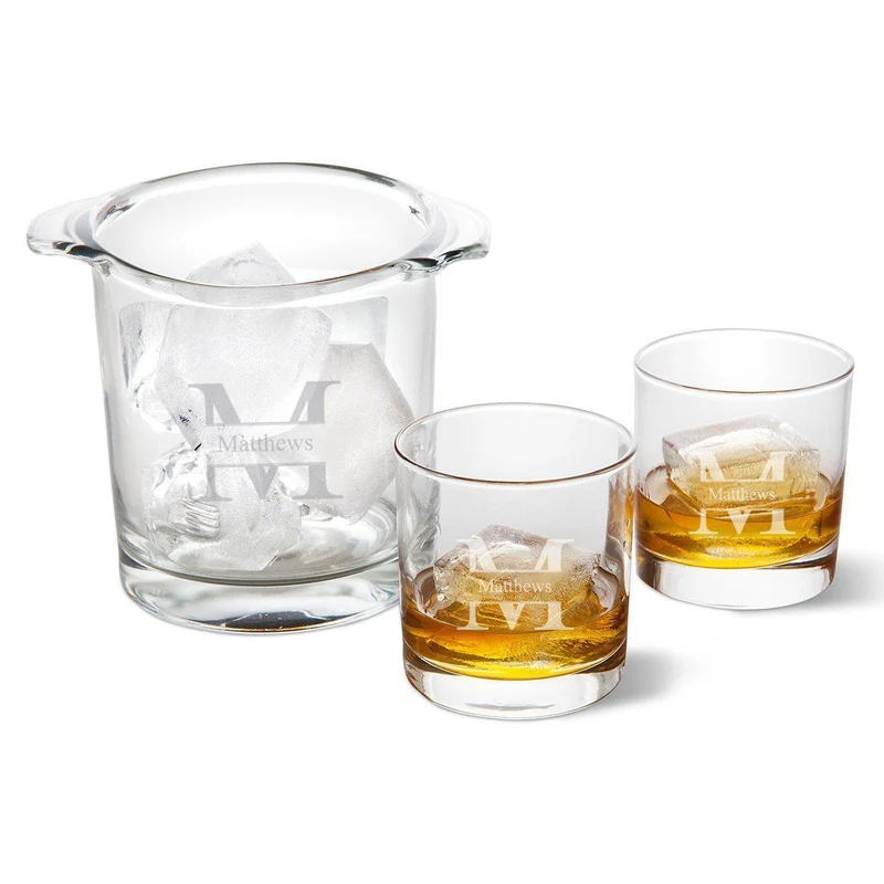 Ice Bucket with 2 Lowball Glasses - Personalized