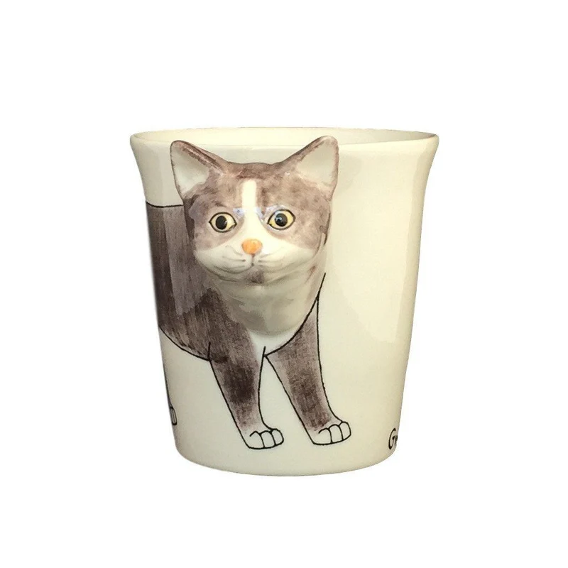 Gray & White Cat Hand Painted Coffee Mug