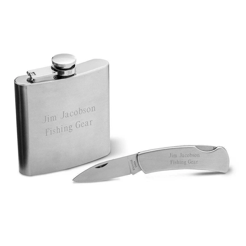 6oz Stainless Steel Flask & Lock Back Knife Personalized Gift Set