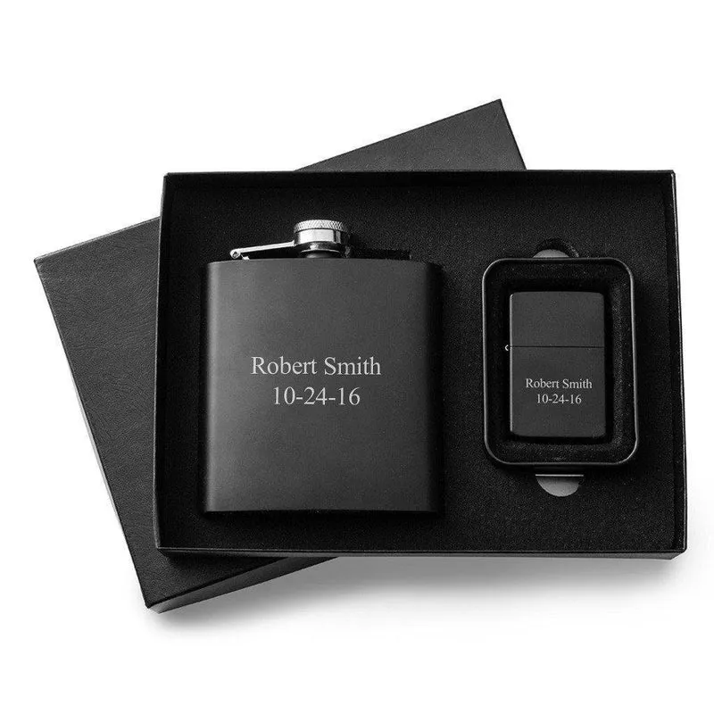 Black Matte 6oz Flask and Lighter Personalized Gift Set