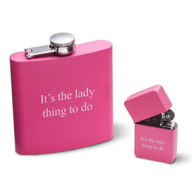 Pink 6oz Matte Flask & Lighter Personalized Gift Set