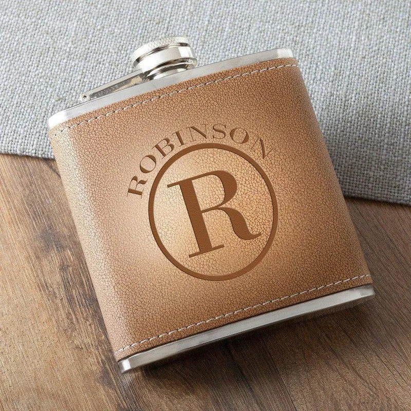 Monogrammed Tan Hide Stitched Flask