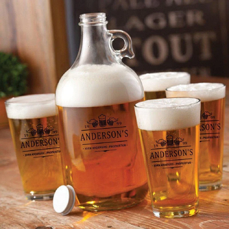 Glass Beer Growler and Pint Personalized Glass Set