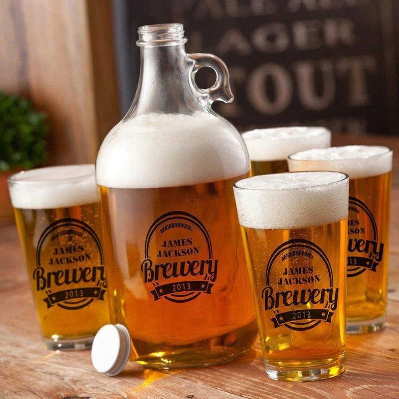 Glass Beer Growler and Pint Personalized Glass Set