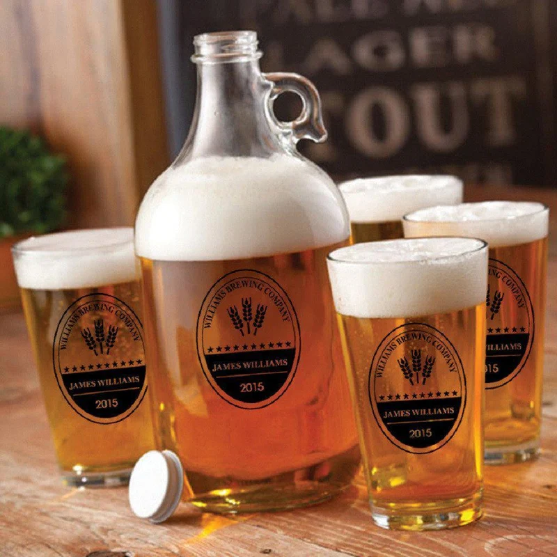 Glass Beer Growler and Pint Personalized Glass Set