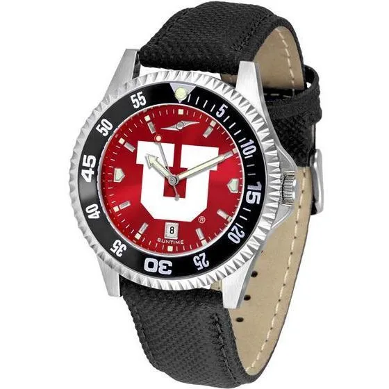 Utah Utes Mens Competitor Ano Poly/Leather Band Watch w/ Colored Bezel