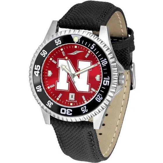Nebraska Cornhuskers Mens Competitor Ano Poly/Leather Band Watch w/ Colored Bezel