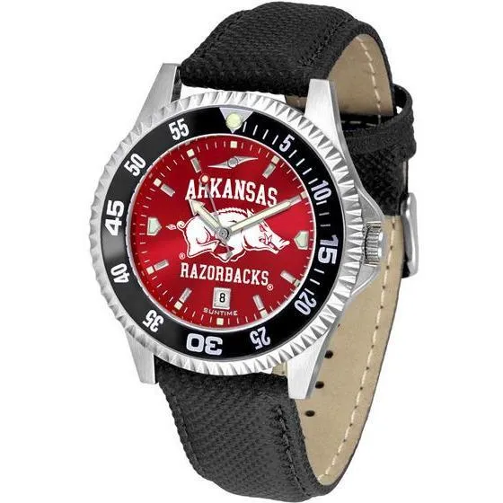 Arkansas Razorbacks Mens Competitor Ano Poly/Leather Band Watch w/ Colored Bezel