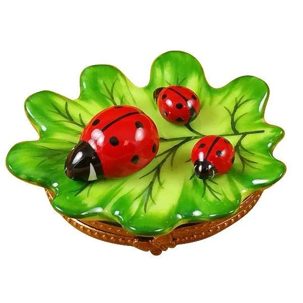 Green Leaf With Three Ladybugs Limoges Box by Rochard™