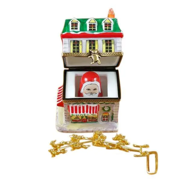 House With Santa And Brass Reindeer Limoges Box by Rochard™