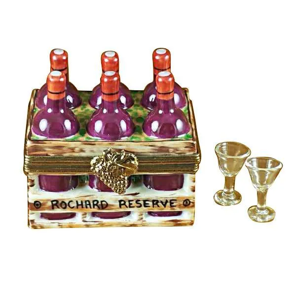 Wine Bottles In Crate With Two Glasses Limoges Box by Rochard™