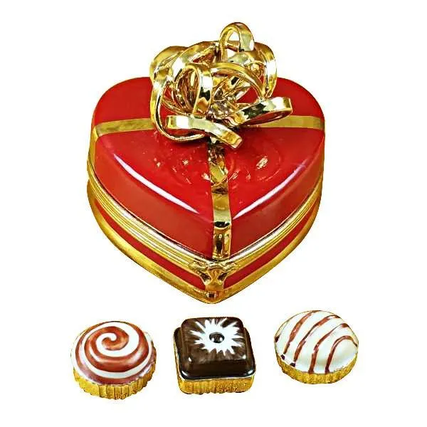 Red Heart with Gold Bow and Truffle LImoges Box by Rochard