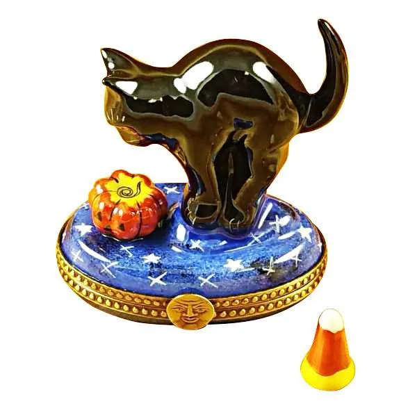 Cat Looking To Pumpkin With Removable Candy Corn Limoges Box by Rochard™