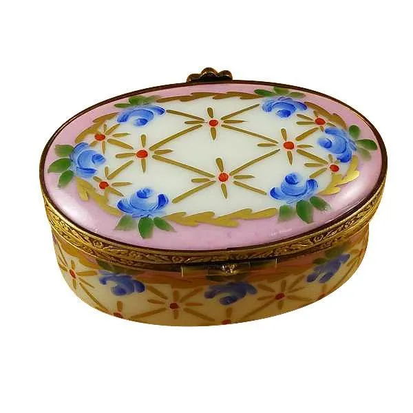 Pink Oval W/ Blue Flowers Limoges Box by Rochard™