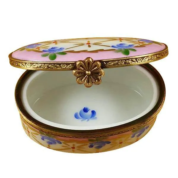 Pink Oval W/ Blue Flowers Limoges Box by Rochard™