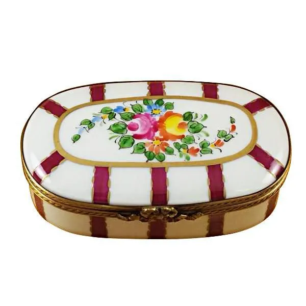 Oval Burgundy Stripes With Flowers Limoges Box by Rochard™