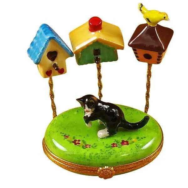 Cat With Three Birdhouses Limoges Box by Rochard™
