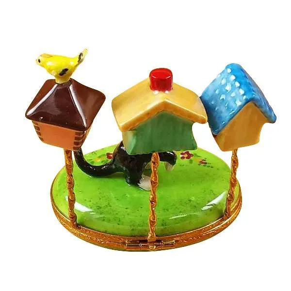 Cat With Three Birdhouses Limoges Box by Rochard™