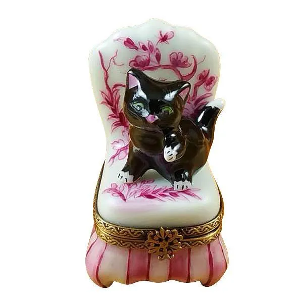 Black Cat On Toile Chair Limoges Box by Rochard™