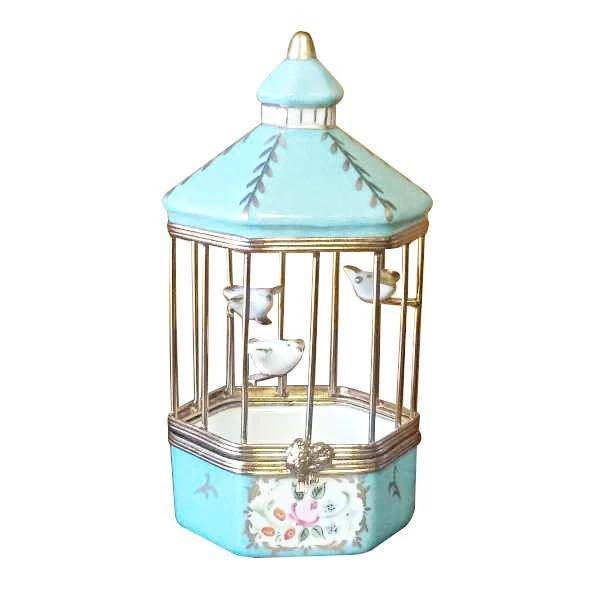 Tiffany Blue Birdcage with 3 Gold Birds Limoges Box by Rochard™