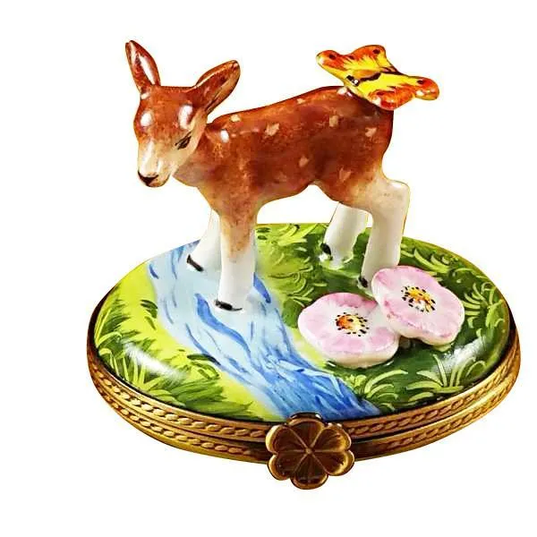 Deer With Butterfly and Flowers Limoges Box by Rochard™