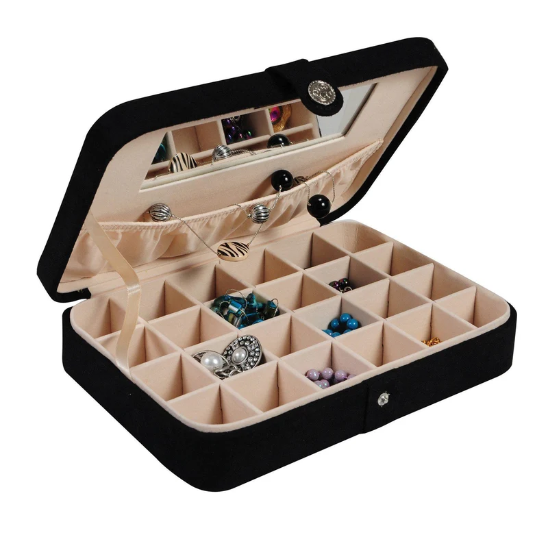 Maria - Plush Fabric Jewelry Box and Ring Case with 24 Sections, Black