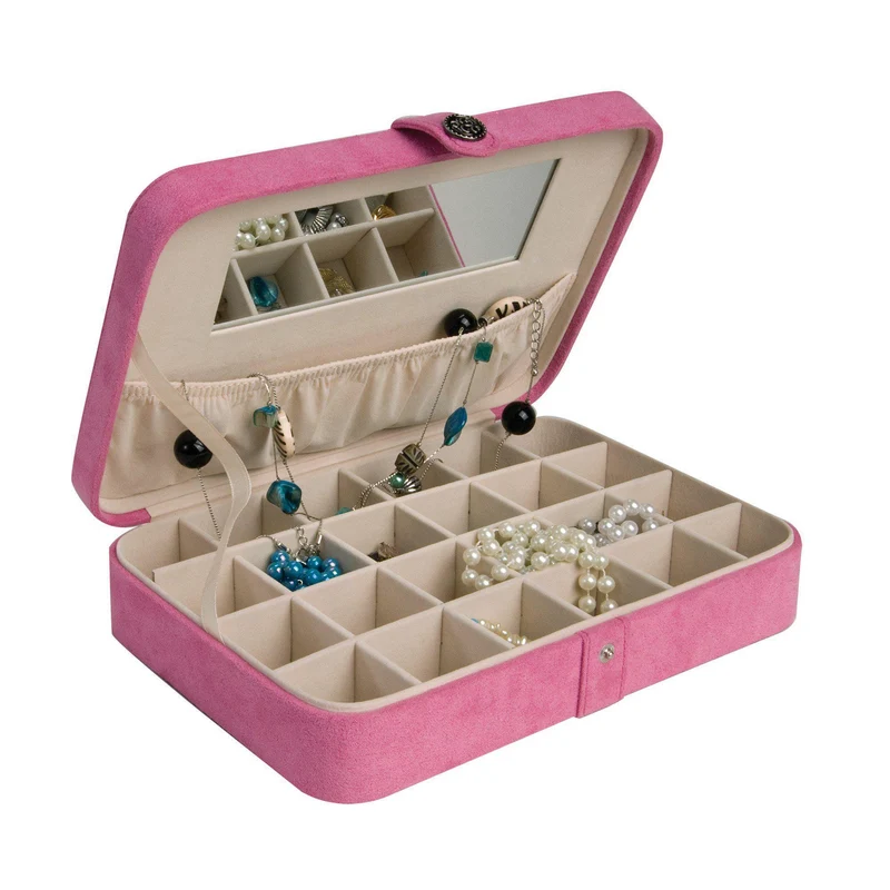 Maria - Plush Fabric Jewelry Box and Ring Case with 24 Sections, Pink