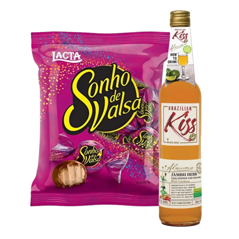 Combinação Perfeita - Bombom Sonho de Valsa - LACTA - 1kg + Cachaça mista com JAMBU "Brazilian Kiss" - WEBER HAUS - 500ml