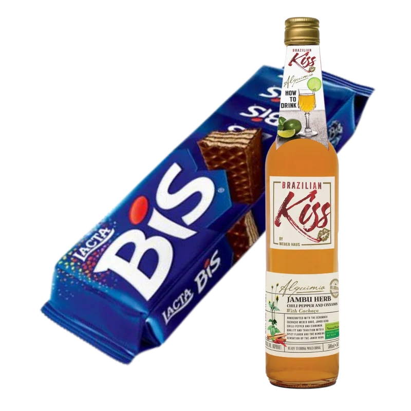 Combinação Perfeita - Chocolate BIS Tradicional - LACTA - 100,8g + Cachaça mista com JAMBU "Brazilian Kiss" - WEBER HAUS - 500ml