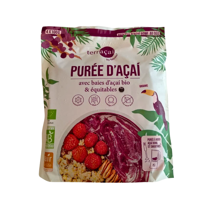 NOSSA PURÉE D' AÇAÍ AVEC BAIES D'AÇAÍ BIO ÉQUITABLES (Açaí Puro) - 4x100g (400g)