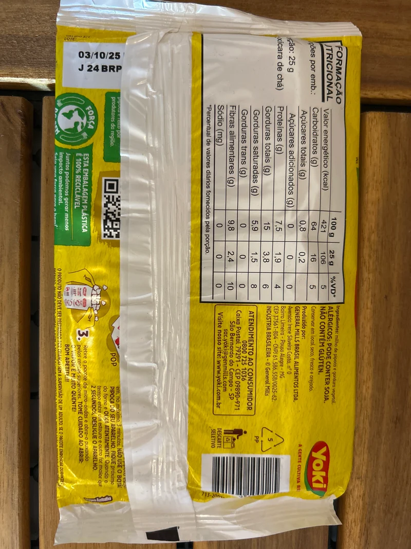 Pop-corn micro-ondes nature (Pipoca para Microondas Natural) - YOKI - 100g
